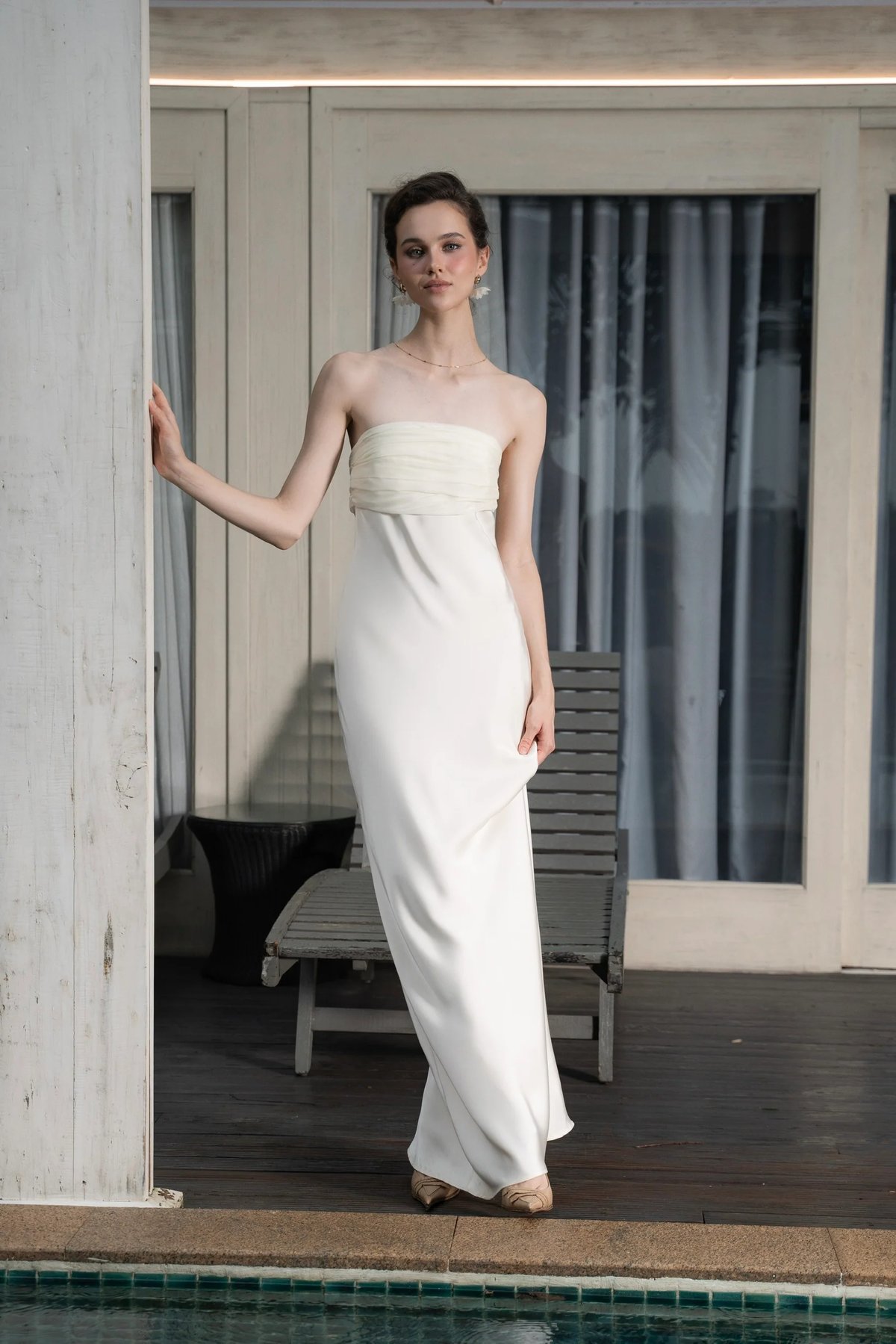 KISSERINE RACHEL Strapless Silk Satin Dress with Ruffles