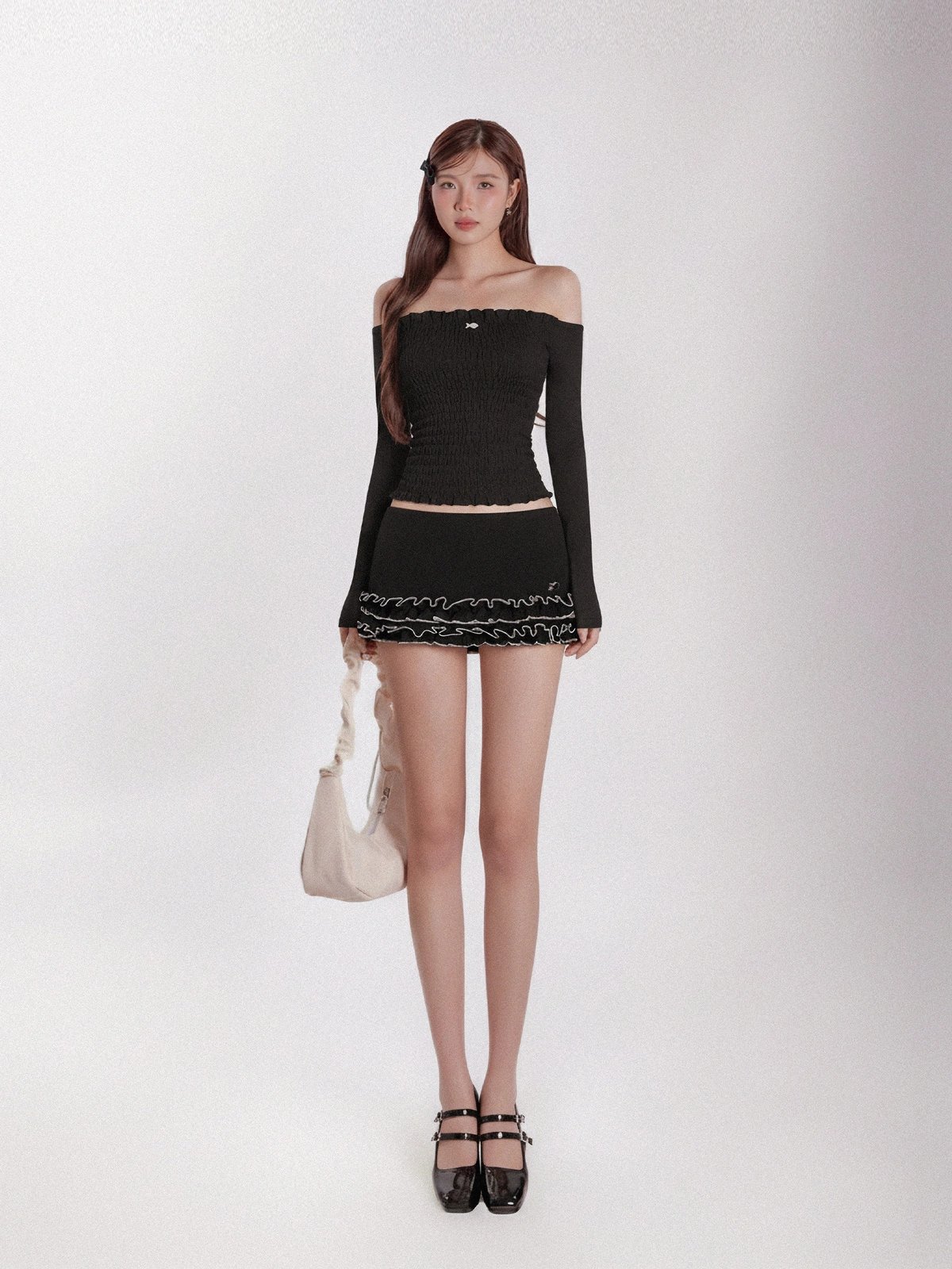 DKMV Breeze Off-Shoulder Long Sleeve Ribbed Top - Black