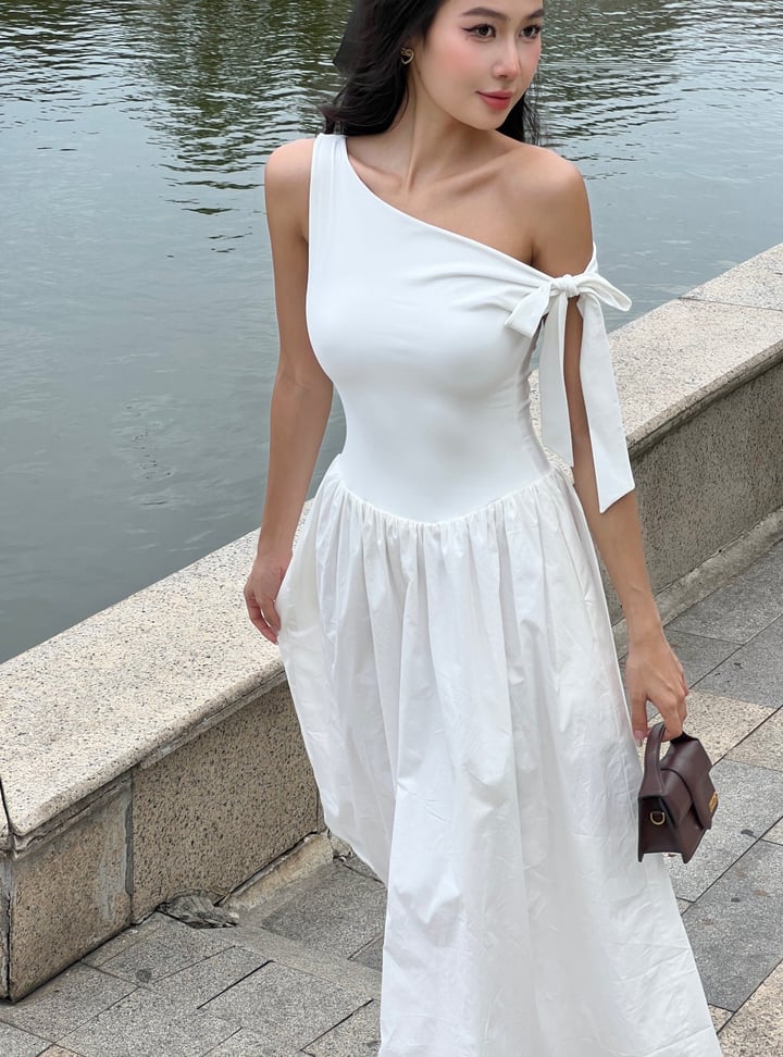DOTTIE One-Shoulder Poplin Mix Midi Dress