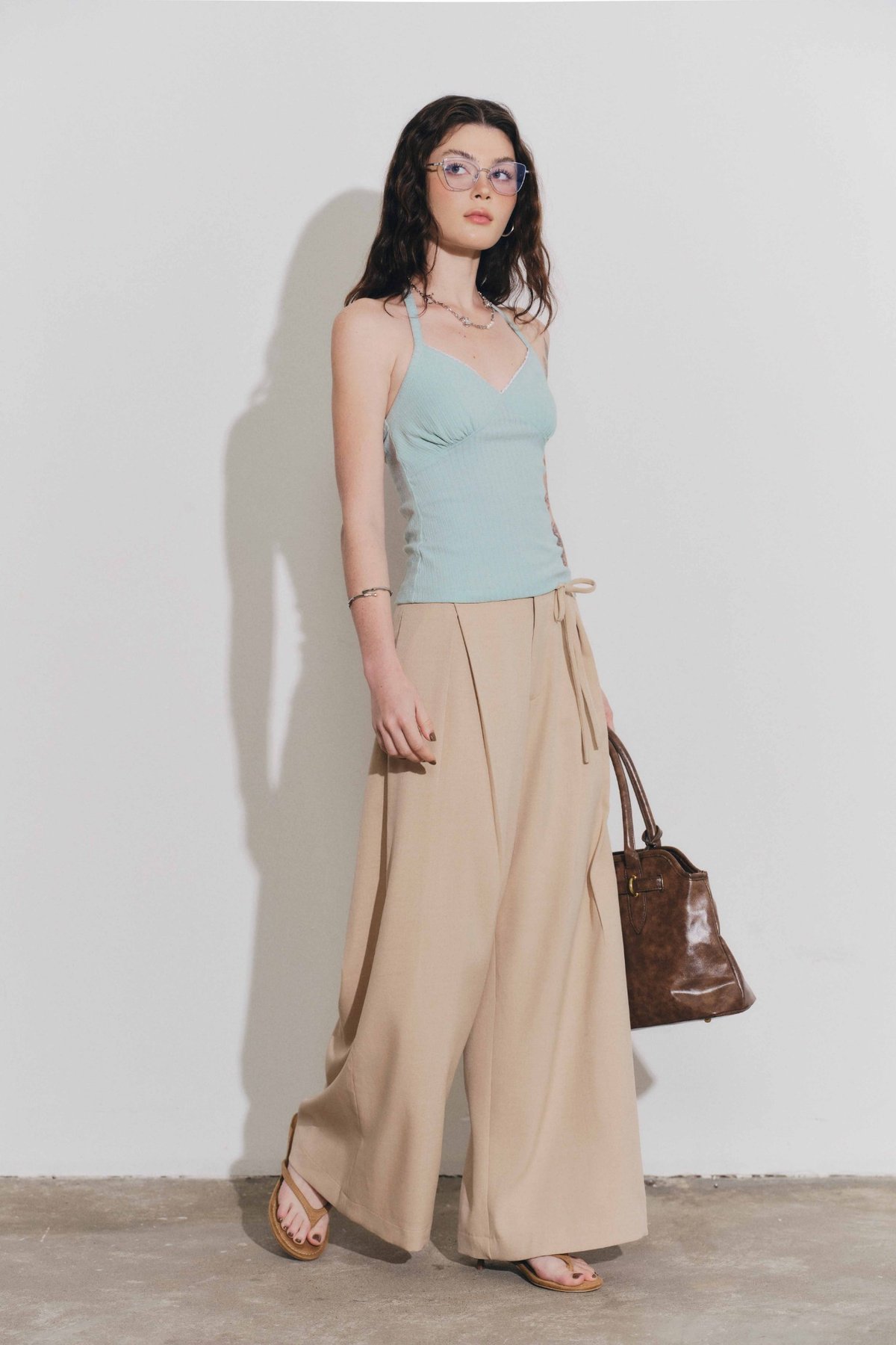 DOTTIE Pleated Wide Leg Trousers - Dark Beige