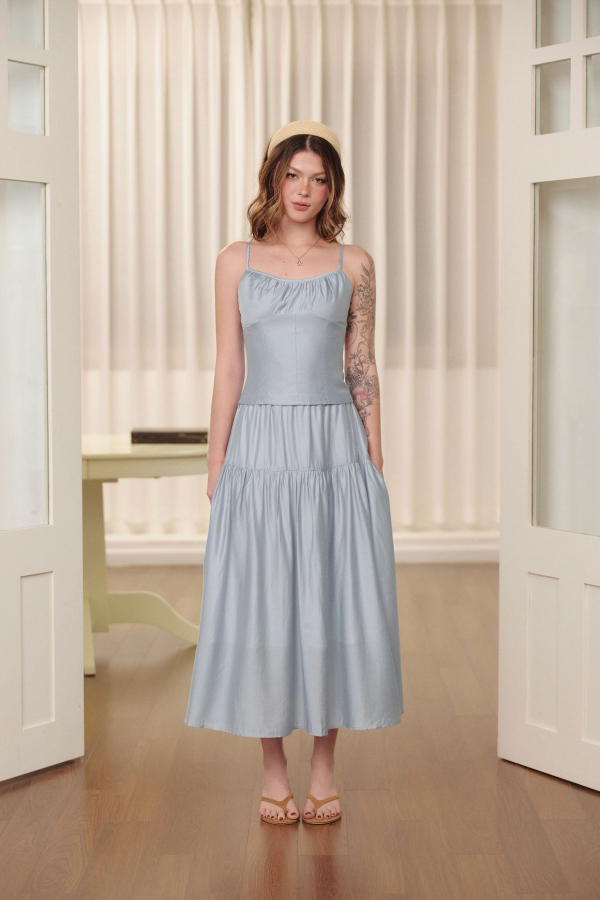 DOTTIE Ruched Midi Skirt - Light Blue