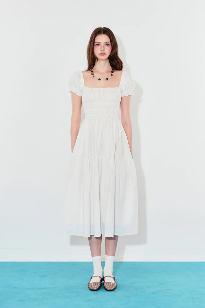 DOTTIE Puff Sleeve Ruched Bust Midi Dress - White - D0742