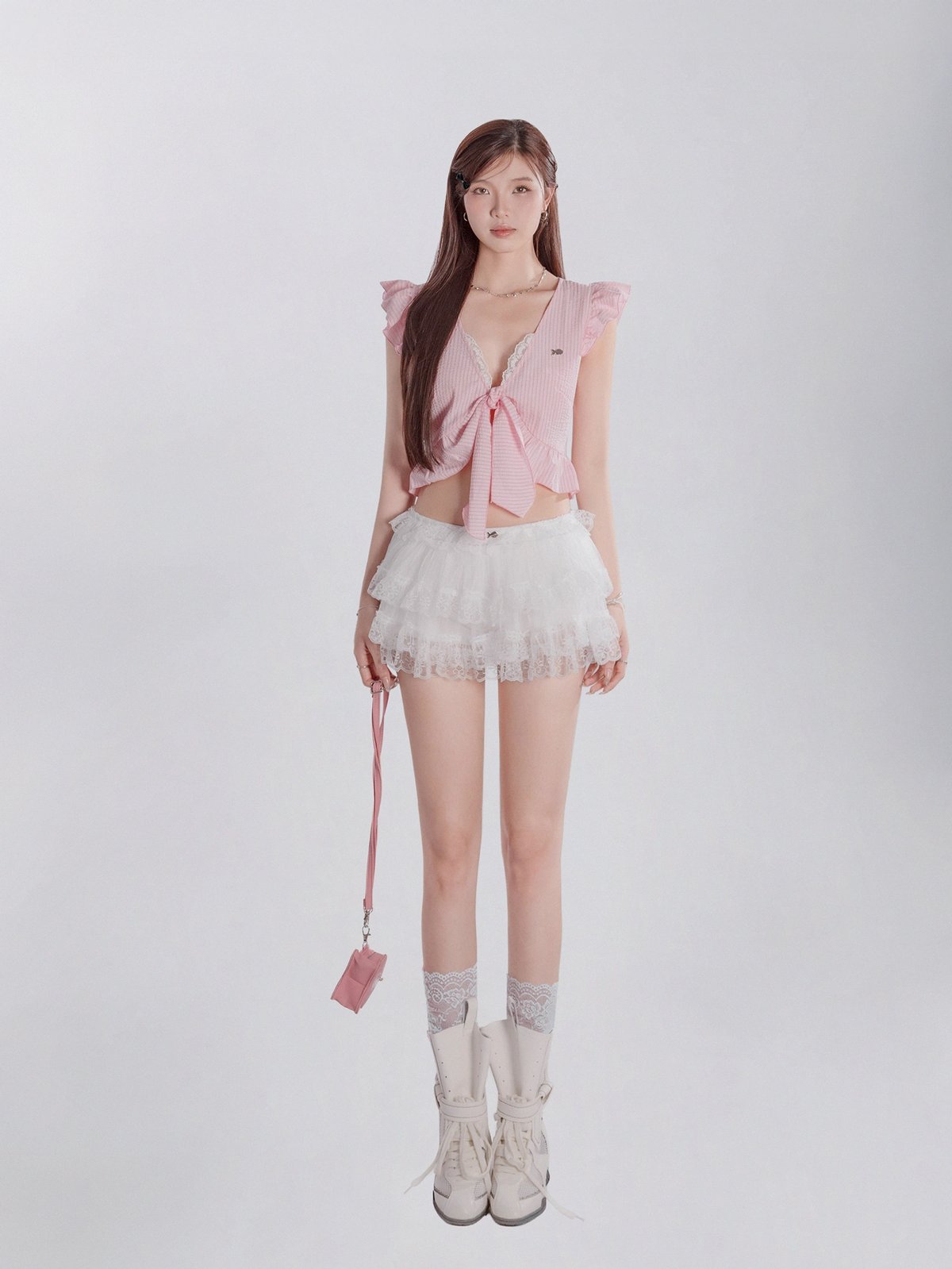 DKMV 少女風蕾絲網紗芭蕾短裙 - 純白色