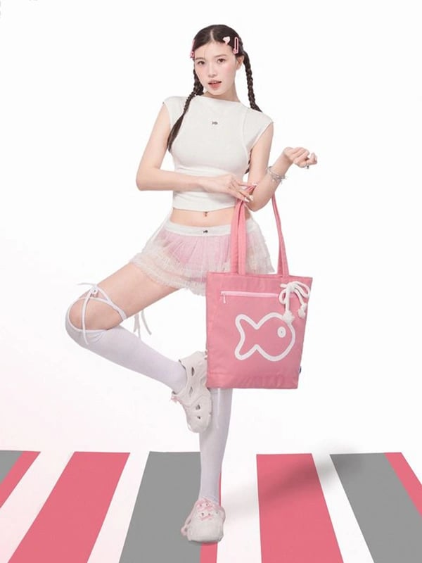 DKMV Drawstring Tote Bag with Fish Graphic