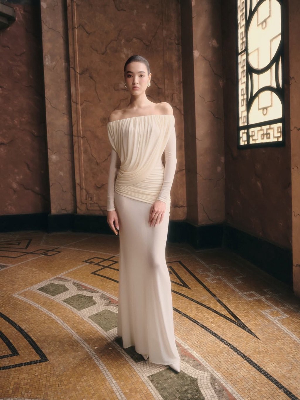 Mollynista White Off-Shoulder Draped Mesh Dress