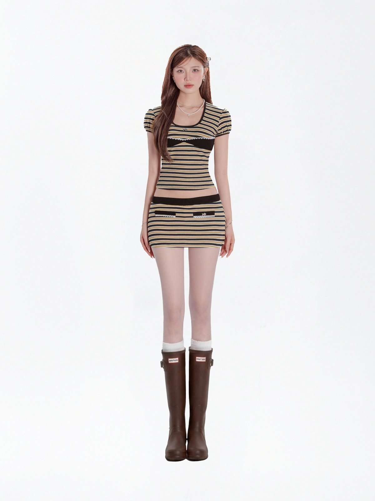DKMV Marley Set Striped Puff Sleeve Top and Mini Skirt