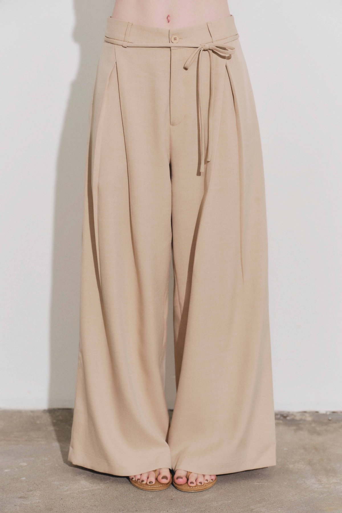 DOTTIE Pleated Wide Leg Trousers - Dark Beige