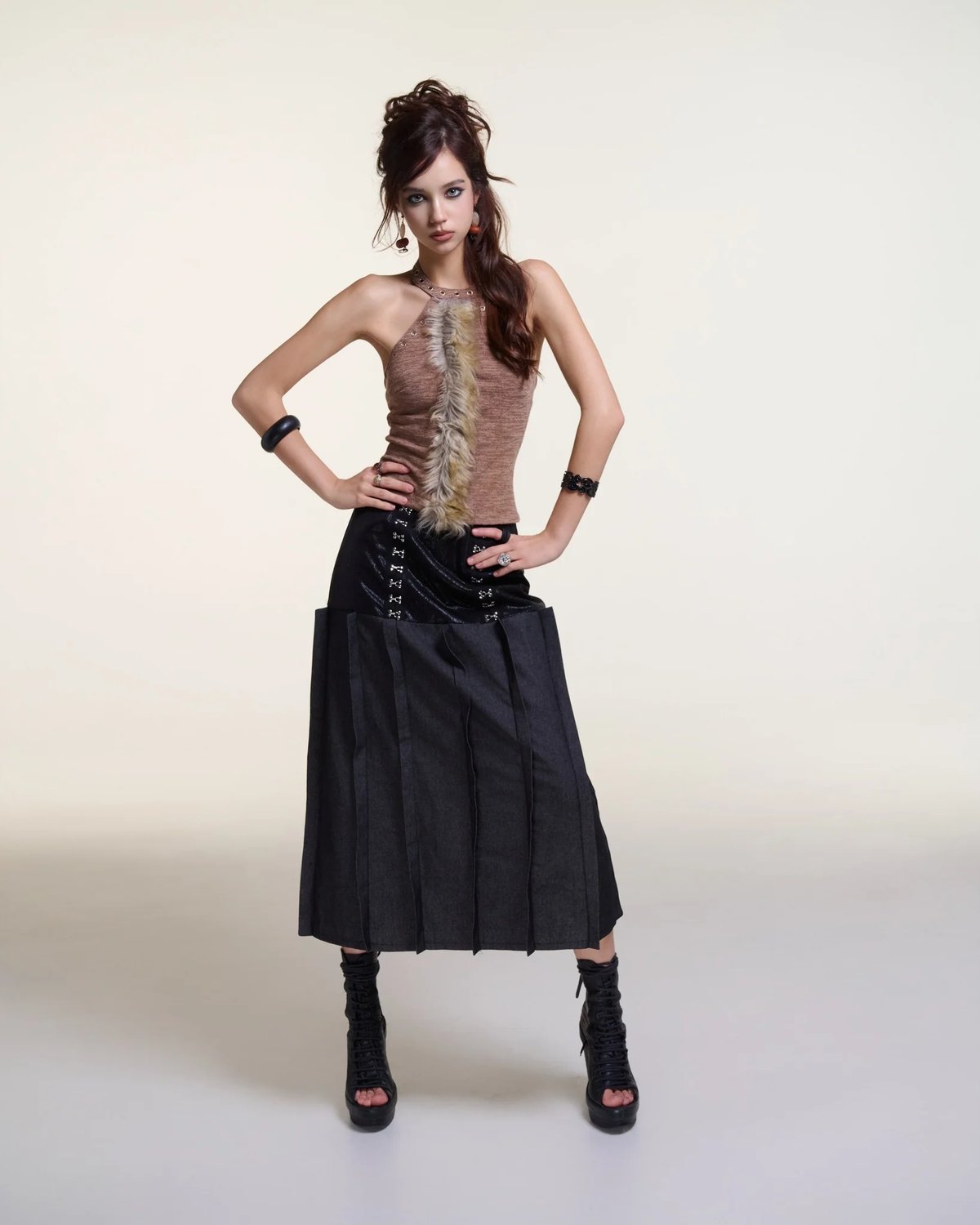 INK SKIRT 束身拼接丹寧百褶長裙
