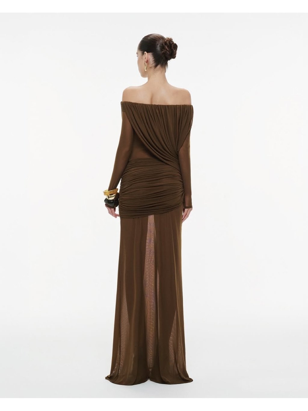 Mollynista Brown Off-Shoulder Draped Mesh Dress