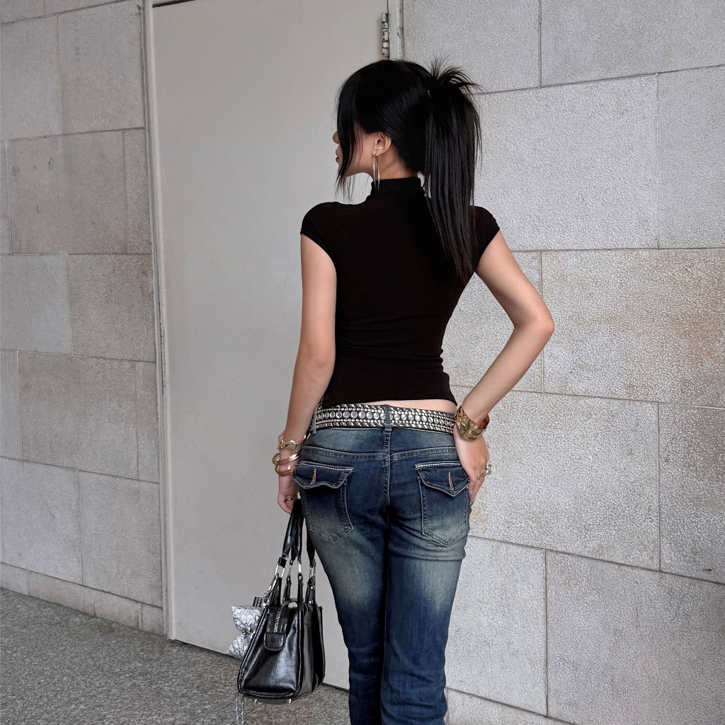 TWENTI Knit Mock Neck Short Sleeve Top with Button Detail