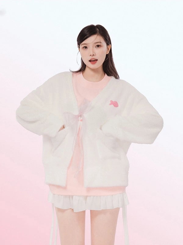 DKMV Marshmallow 毛絨針織開襟外套 蝴蝶結抽繩設計