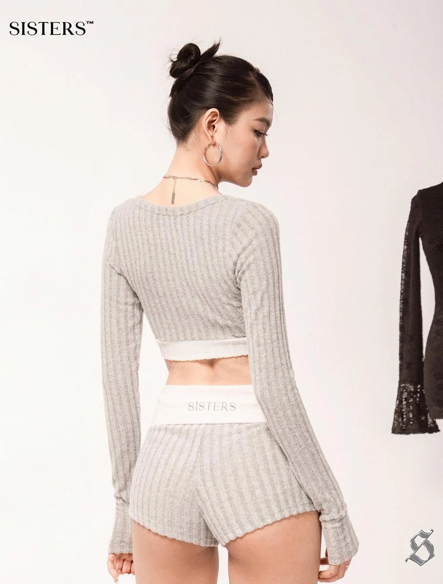 SISTERS Farley Ribbed Knit Two-Piece Set - Square Neck Long Sleeve Crop Top and Fold-over Shorts