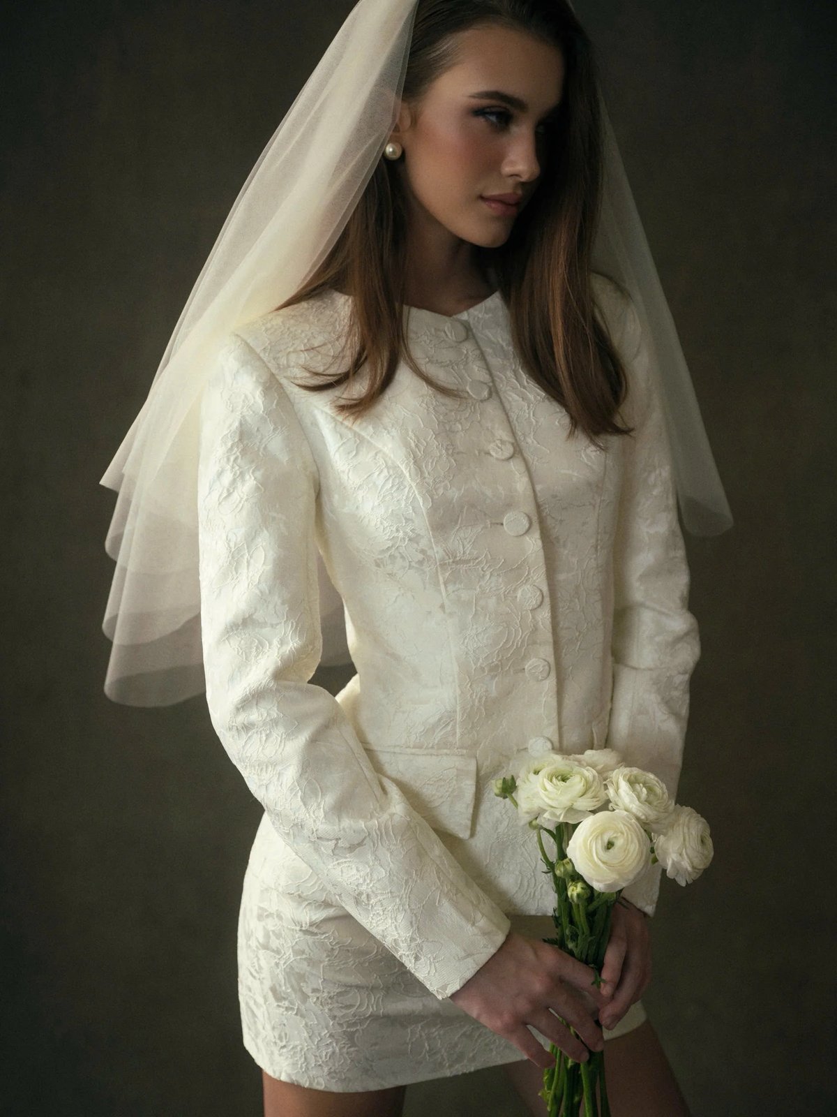 KISSERINE CLAUDETTE SET - Ivory White Jacquard Jacket and Mini Skirt