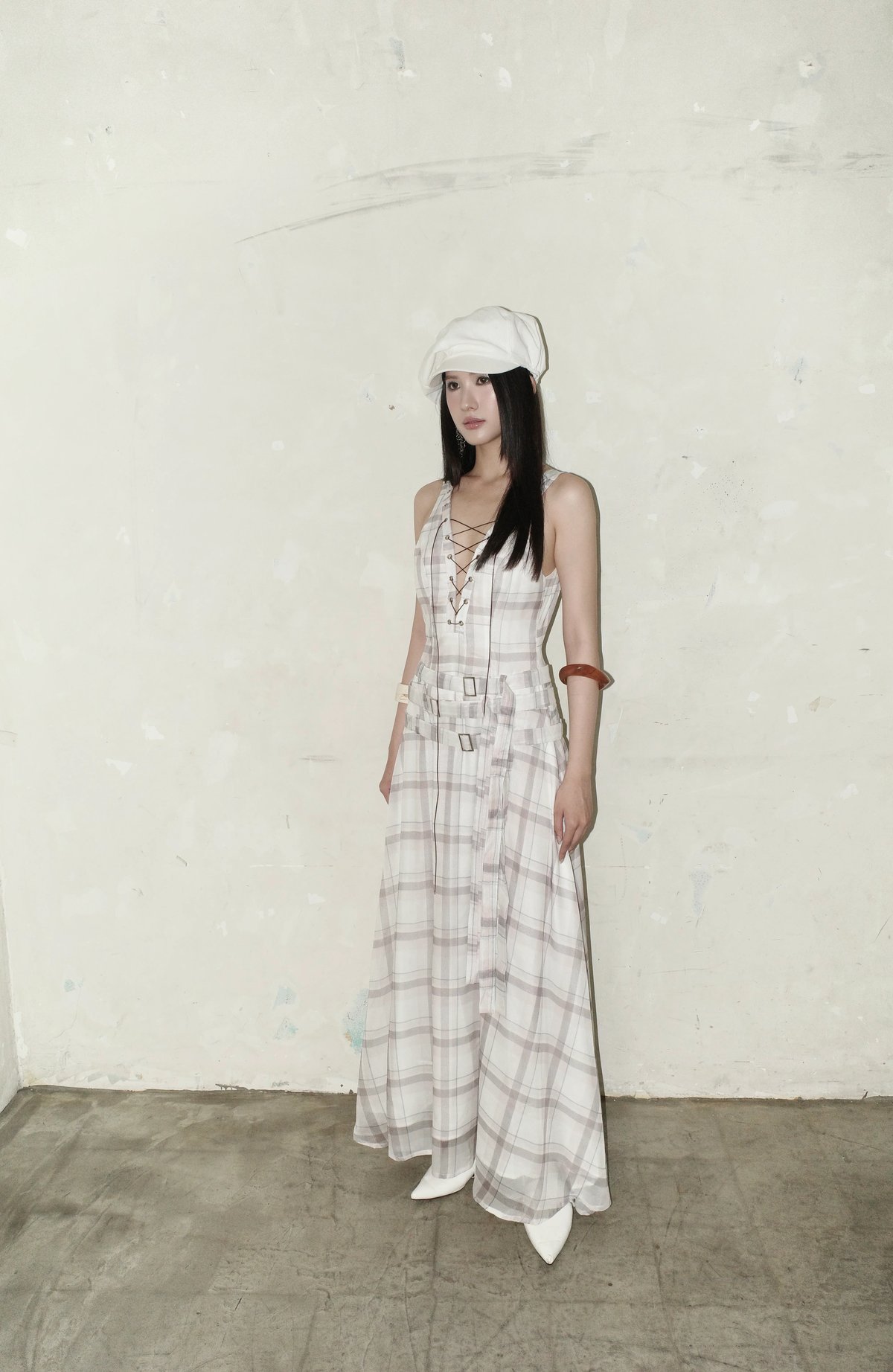 VELA Lace-up Plaid Maxi Dress
