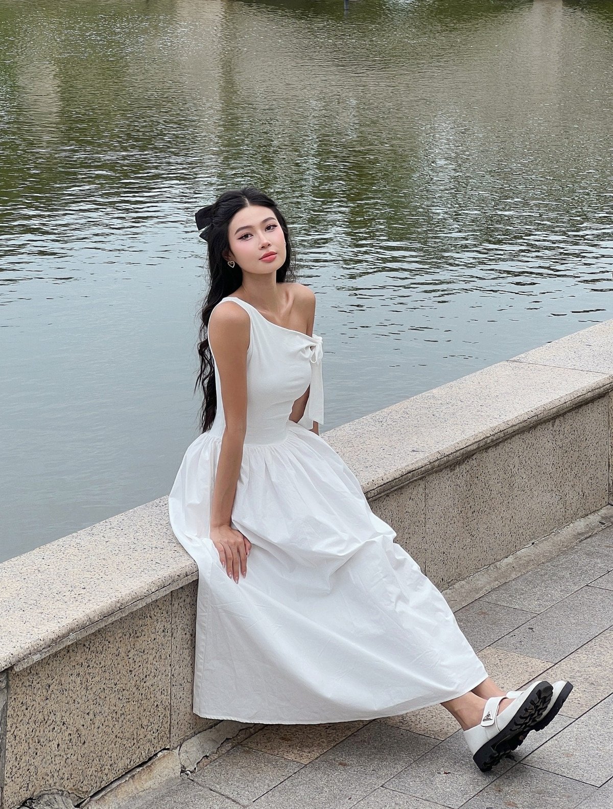 DOTTIE One-Shoulder Poplin Mix Midi Dress