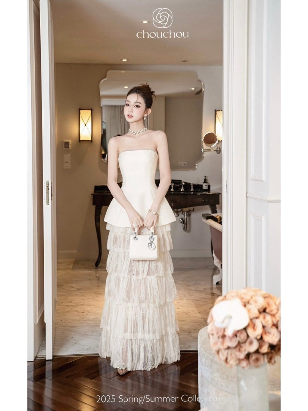 Chouchou Romee Strapless Lace Tiered Maxi Dress