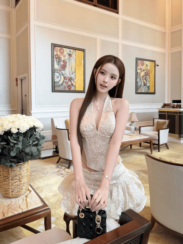 Tran Ali Lace Halter Top and Flared Skirt Set - Cream