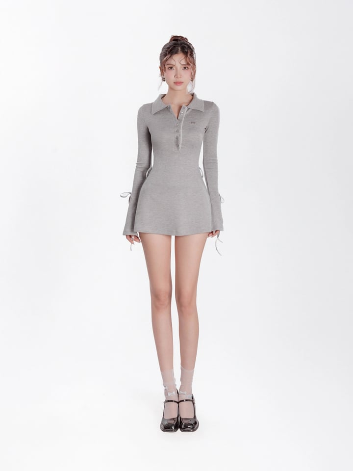 DKMV Jina Dress 深灰色 領口鈕扣蕾絲裝飾長袖洋裝
