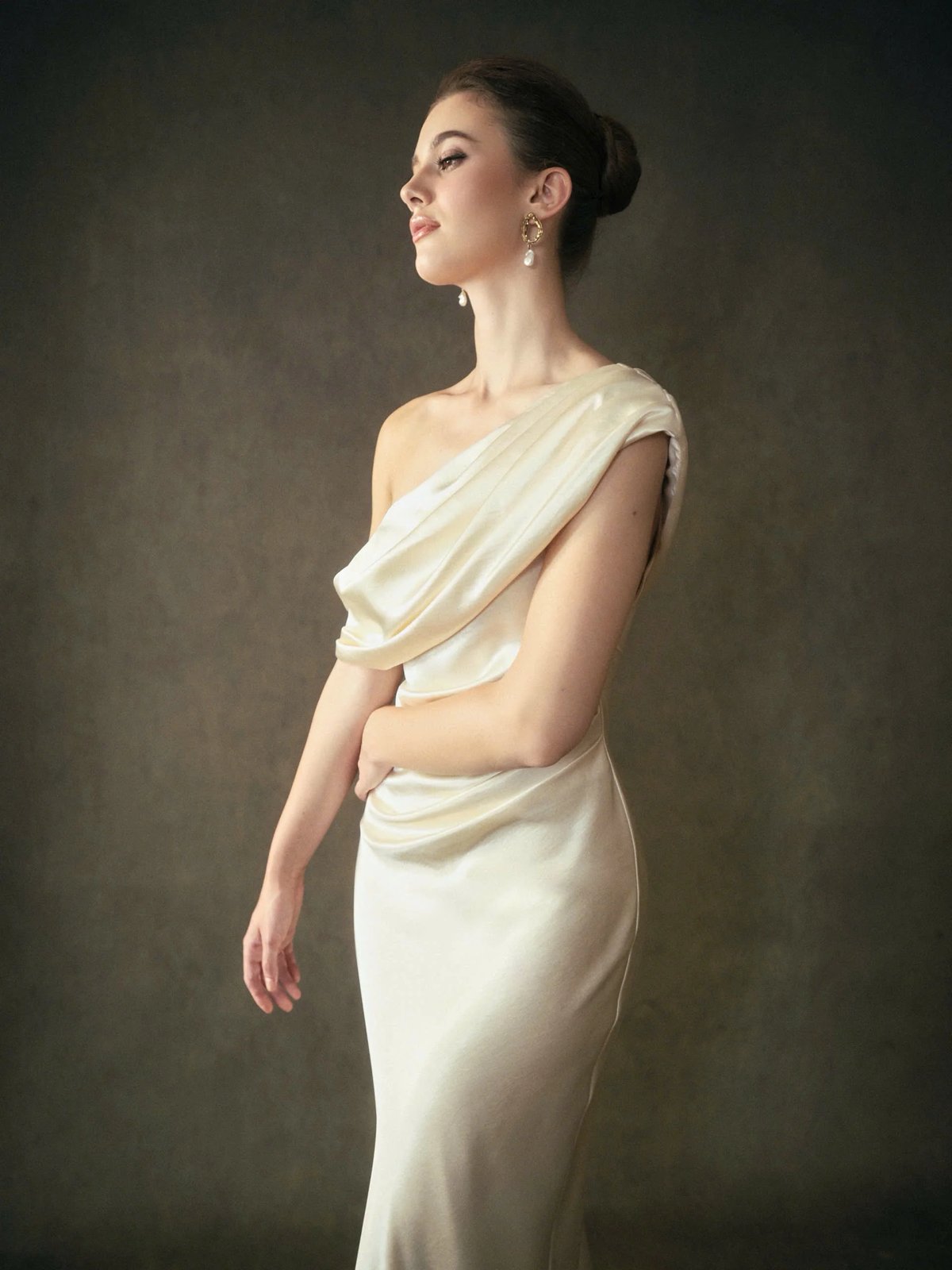 KISSERINE GRACE DRESS Asymmetrical Off-Shoulder Satin Maxi Dress