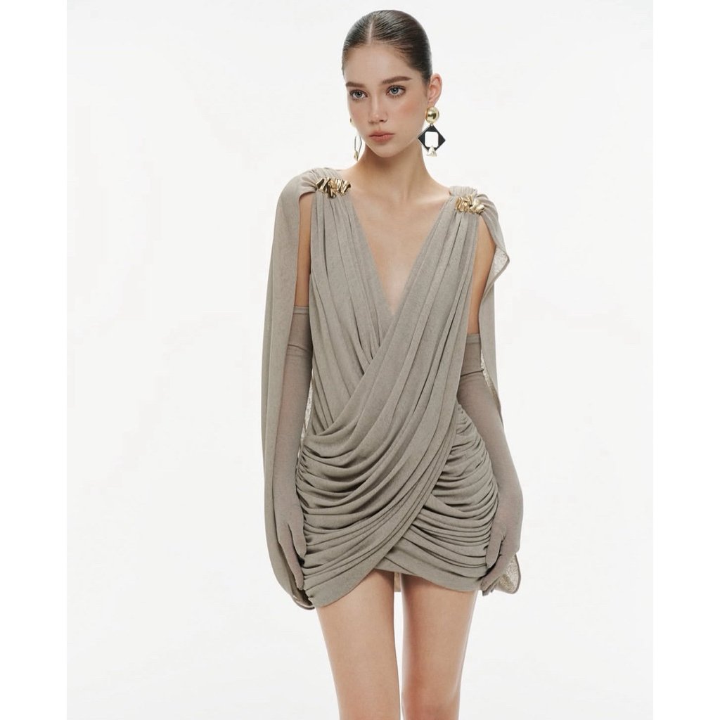 Mollynista Grey Draped Cape Mini Dress