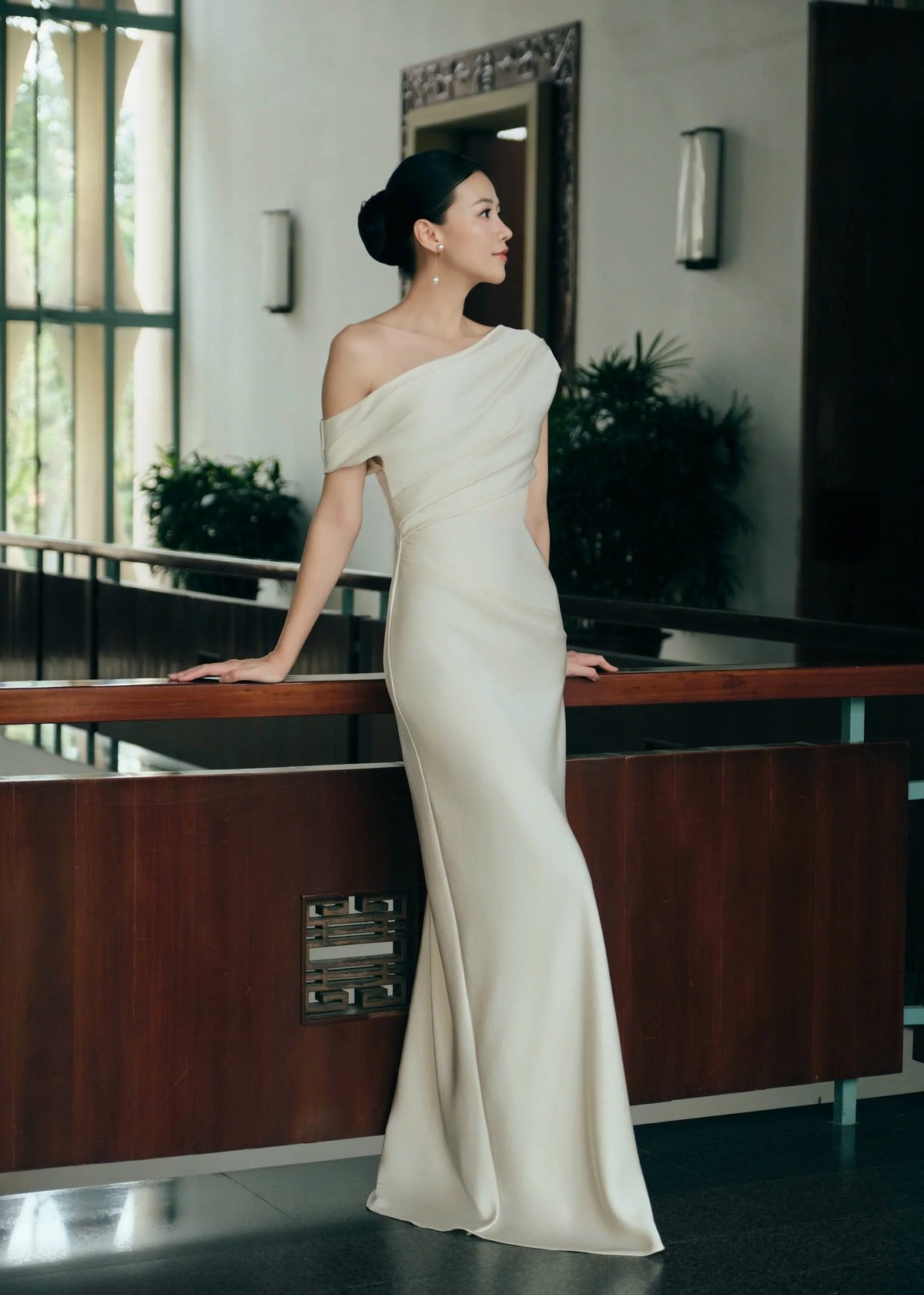 KISSERINE SOLEIL Satin Asymmetrical Neckline Maxi Dress