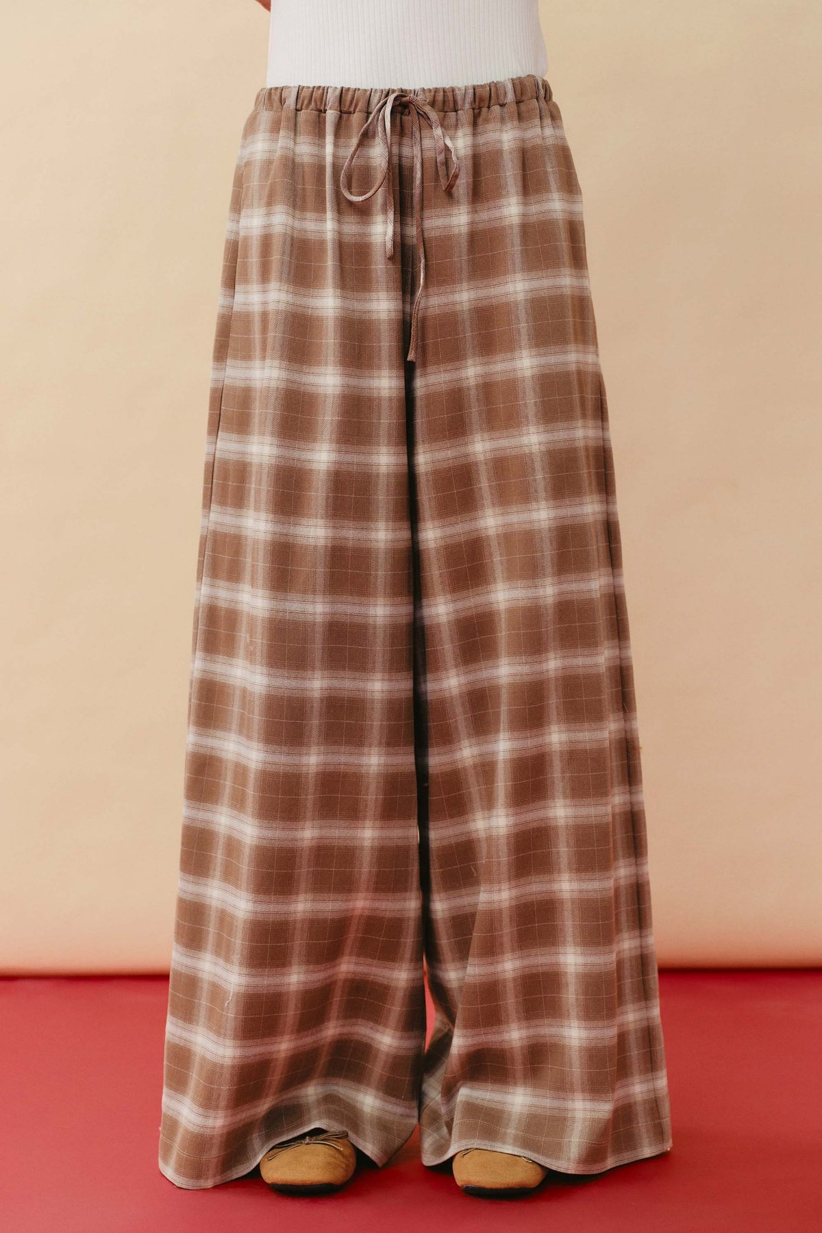 DOTTIE Checkered Long Pants - Brown