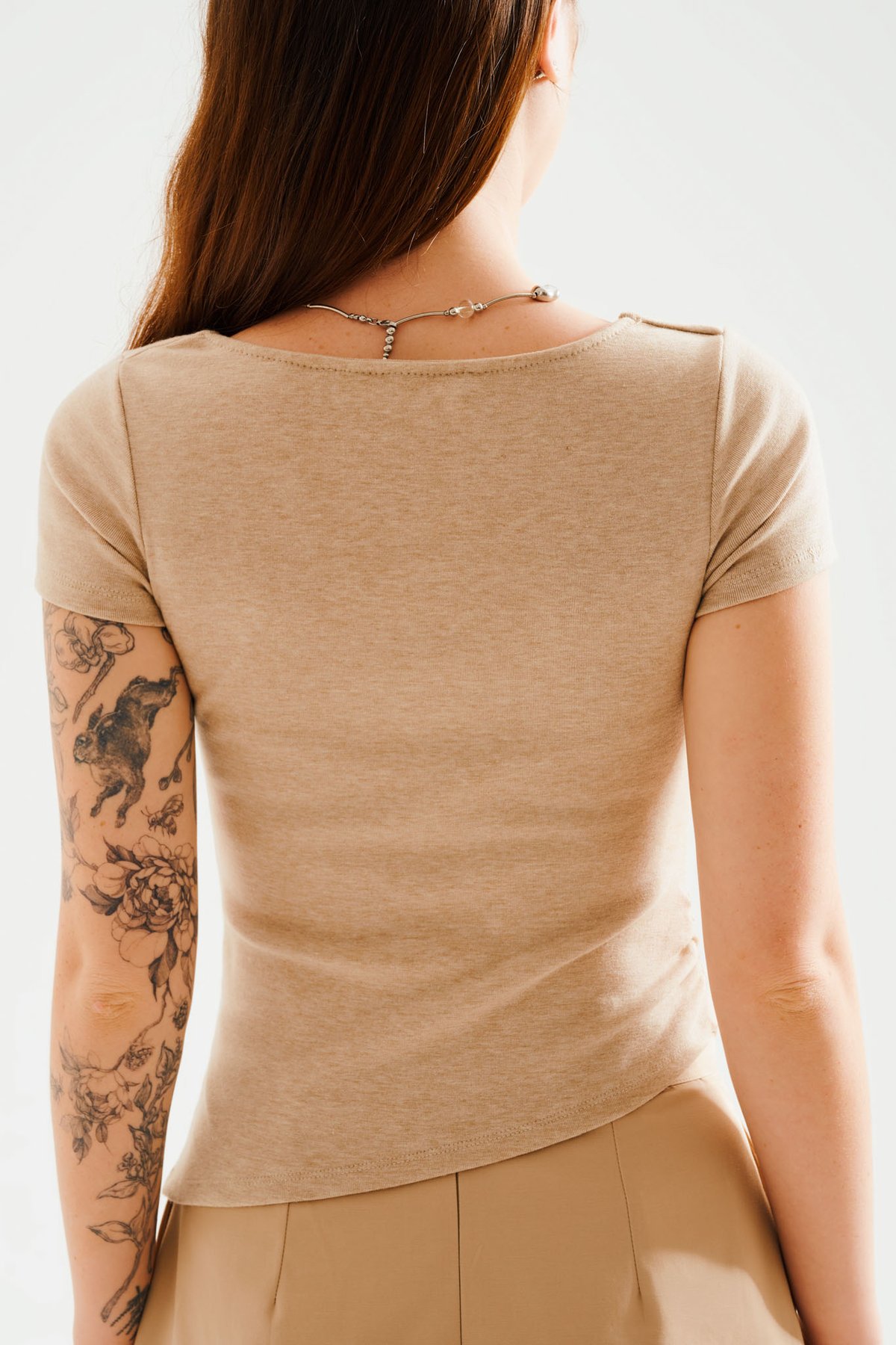 DOTTIE Square Neck Short Sleeve Top - Beige