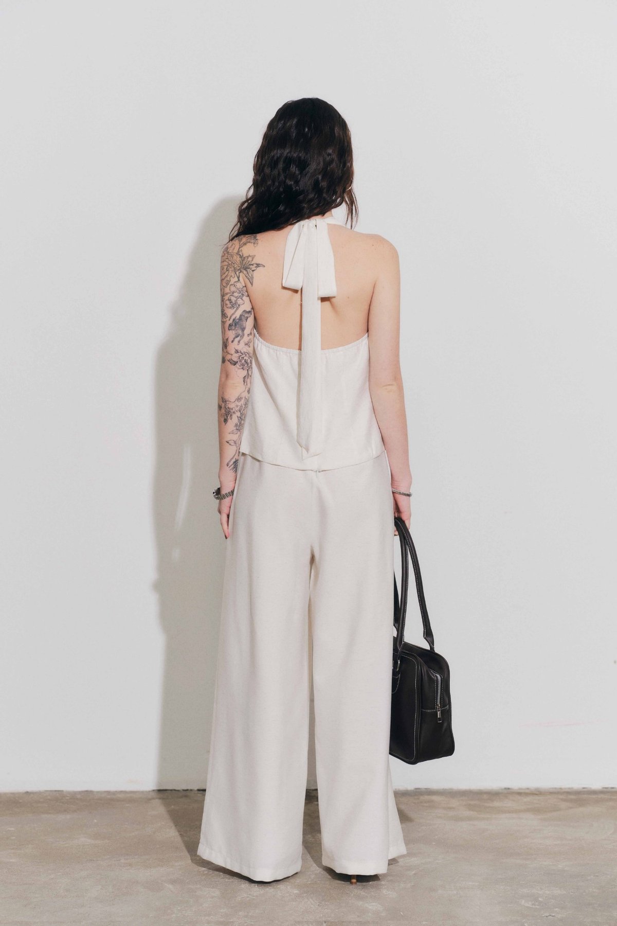 DOTTIE High Waisted Wide Leg Trousers - Light Beige