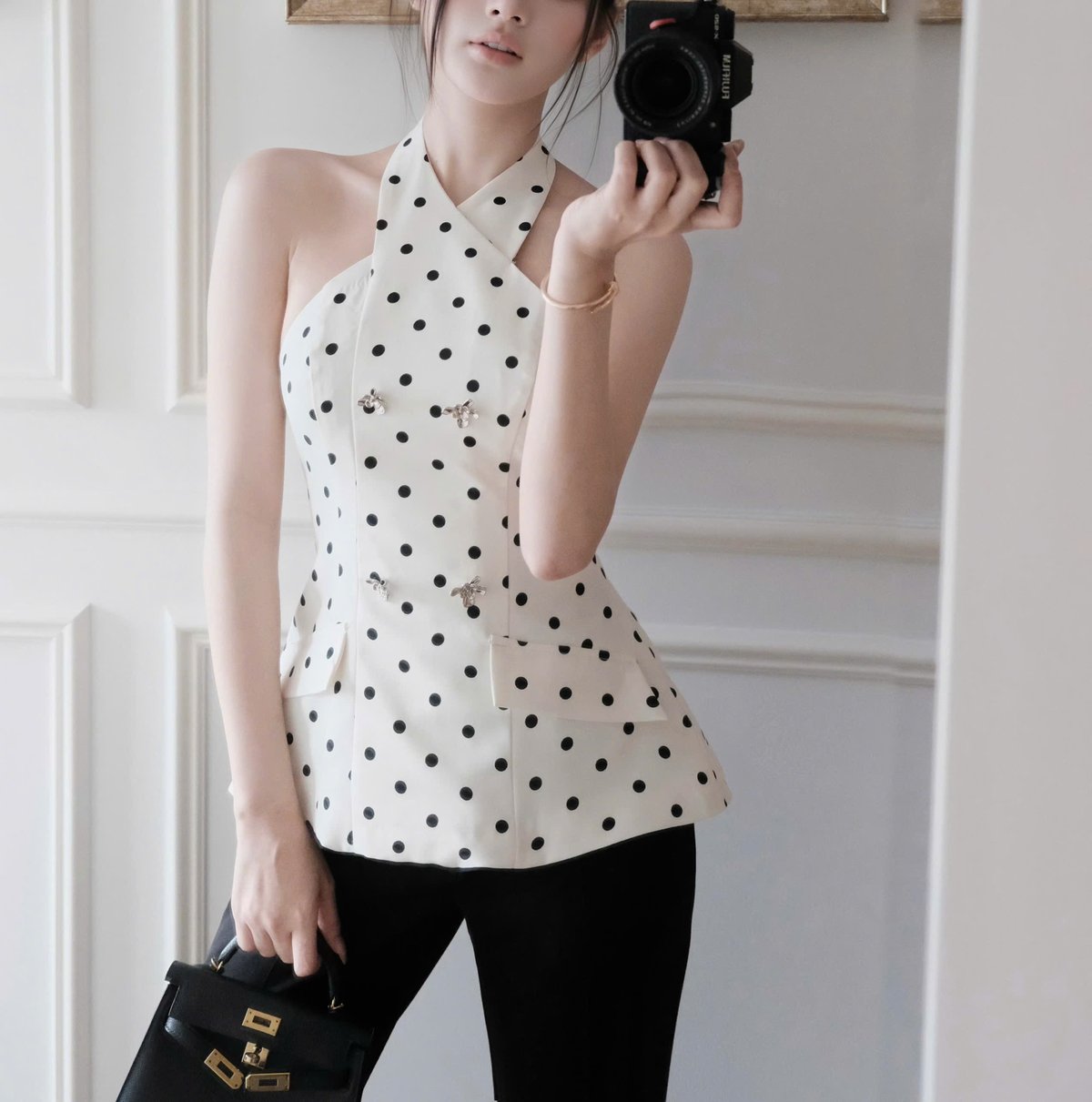 CHOU CHOU Polka Dot Halter Top and Long Pants Set