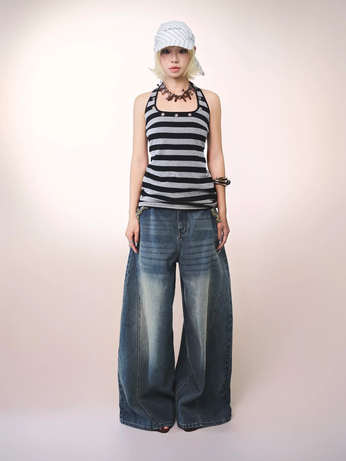 OCEAN JEANS Wide-Leg Distressed Denim Pants