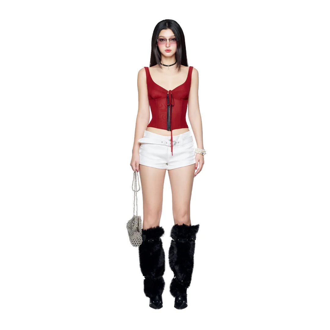 AIAI OFFICIAL Lush Tie Top Corset Mesh Camisole - Burgundy