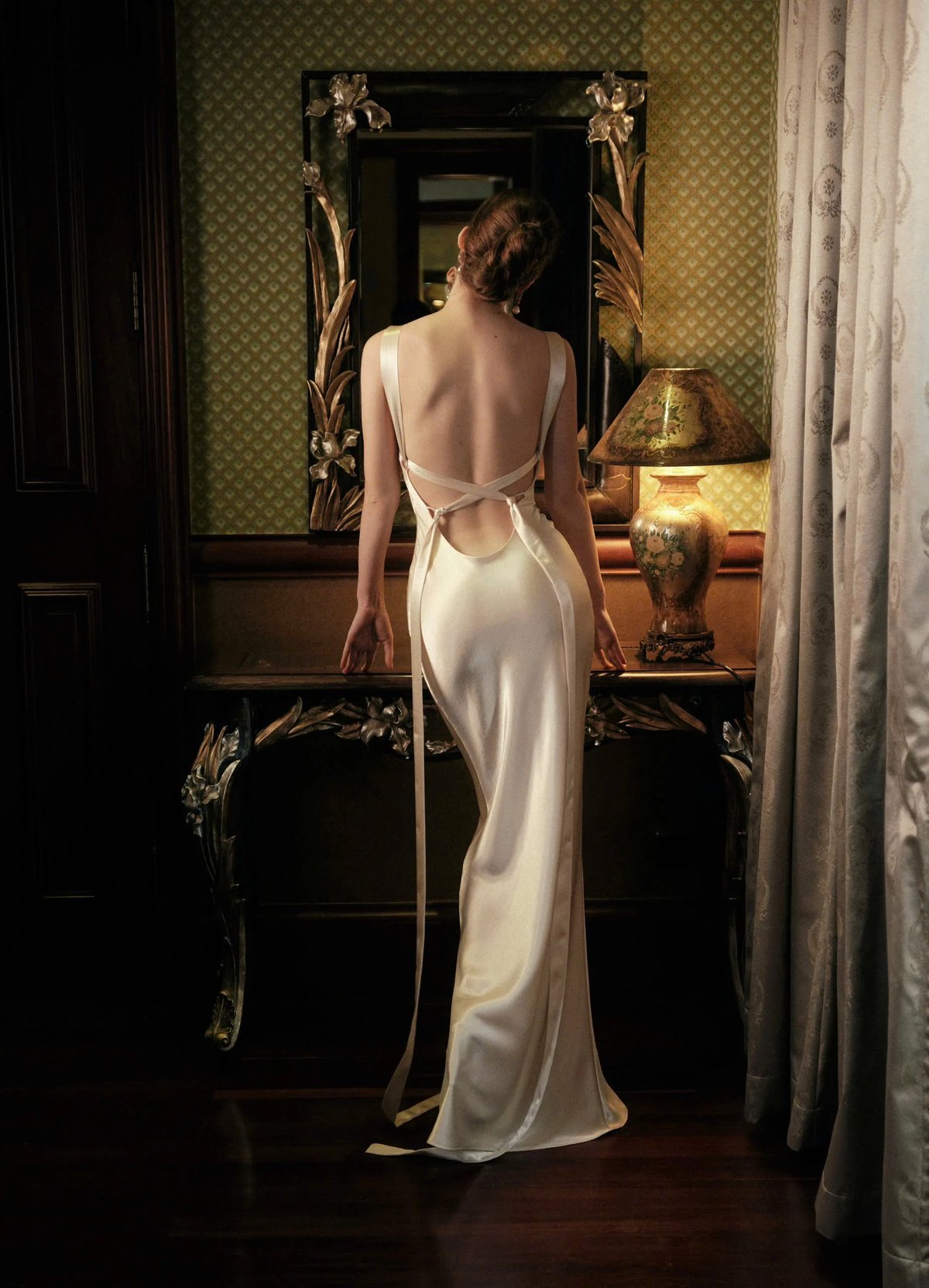 KISSERINE TALIVIA Silk Satin Deep V Neck Open Back Maxi Dress