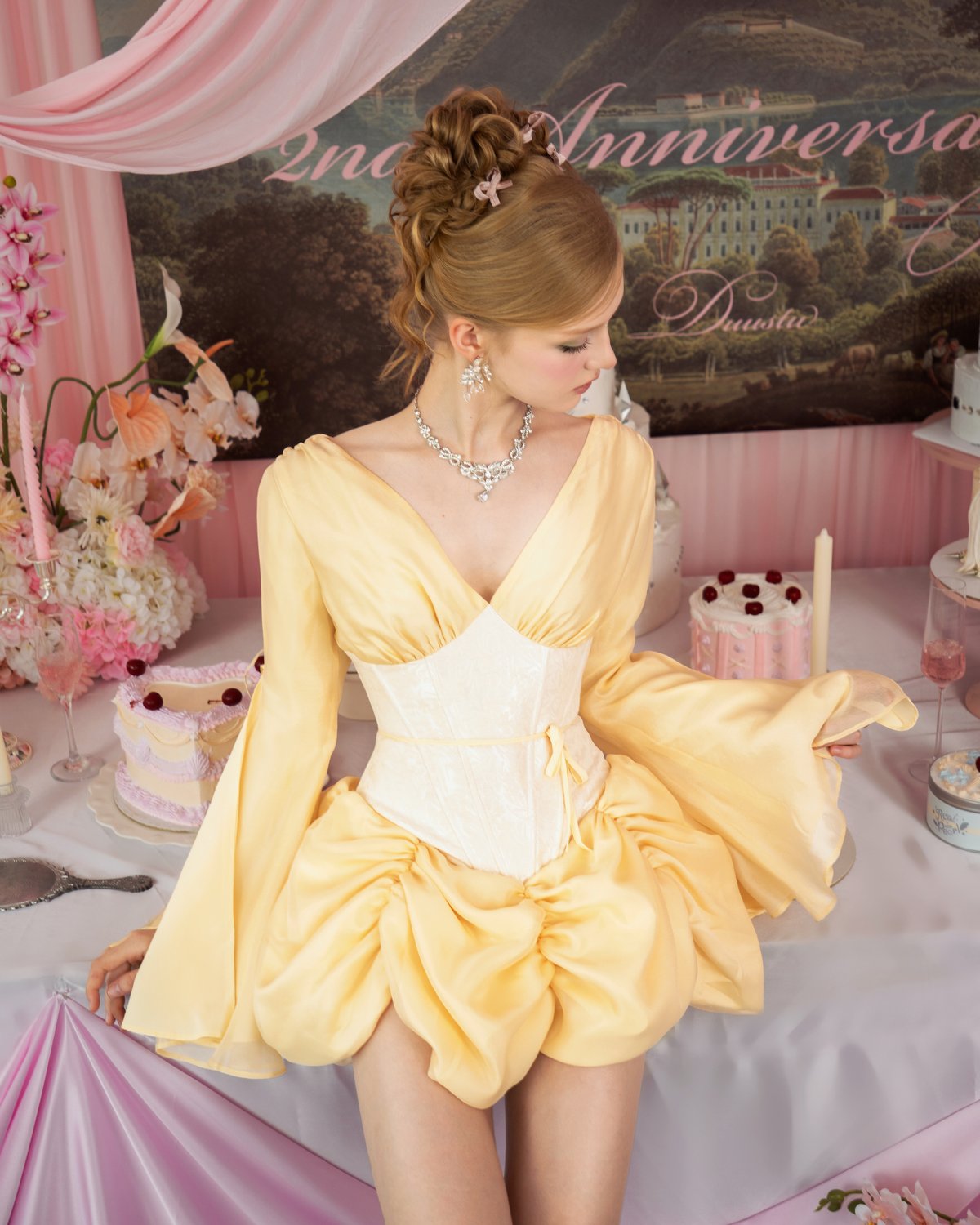 DUUSTU PETAL DRESS - Yellow & Cream Embroidered Chiffon Dress