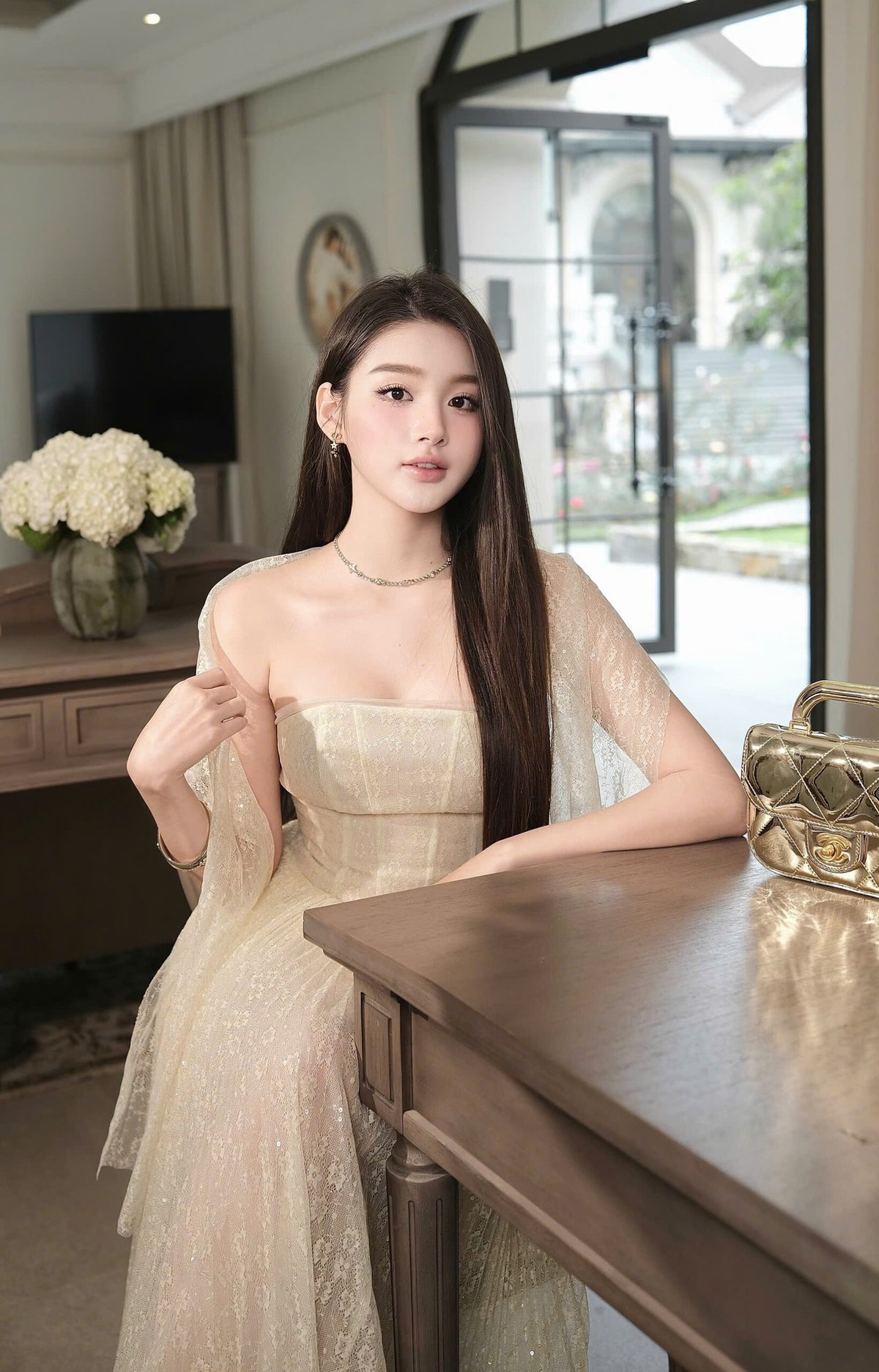 CHOU CHOU 蕾絲方領抹胸長裙