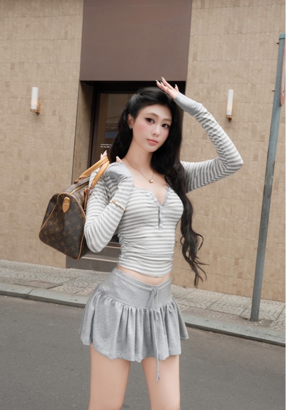 THAOBIBI Striped Trim Long Sleeve Top and Skirt Set
