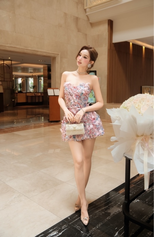 THAOBIBI Floral Organza Bustier Mini Dress