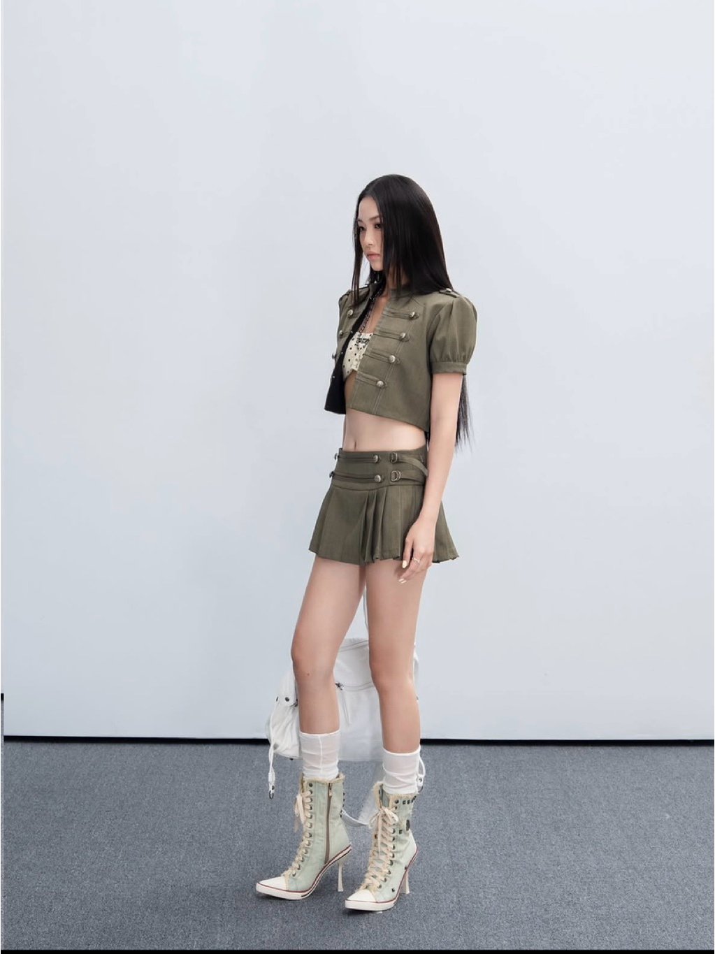Ladyqueen Army X Set Military Style Cropped Top and Pleated Skirt