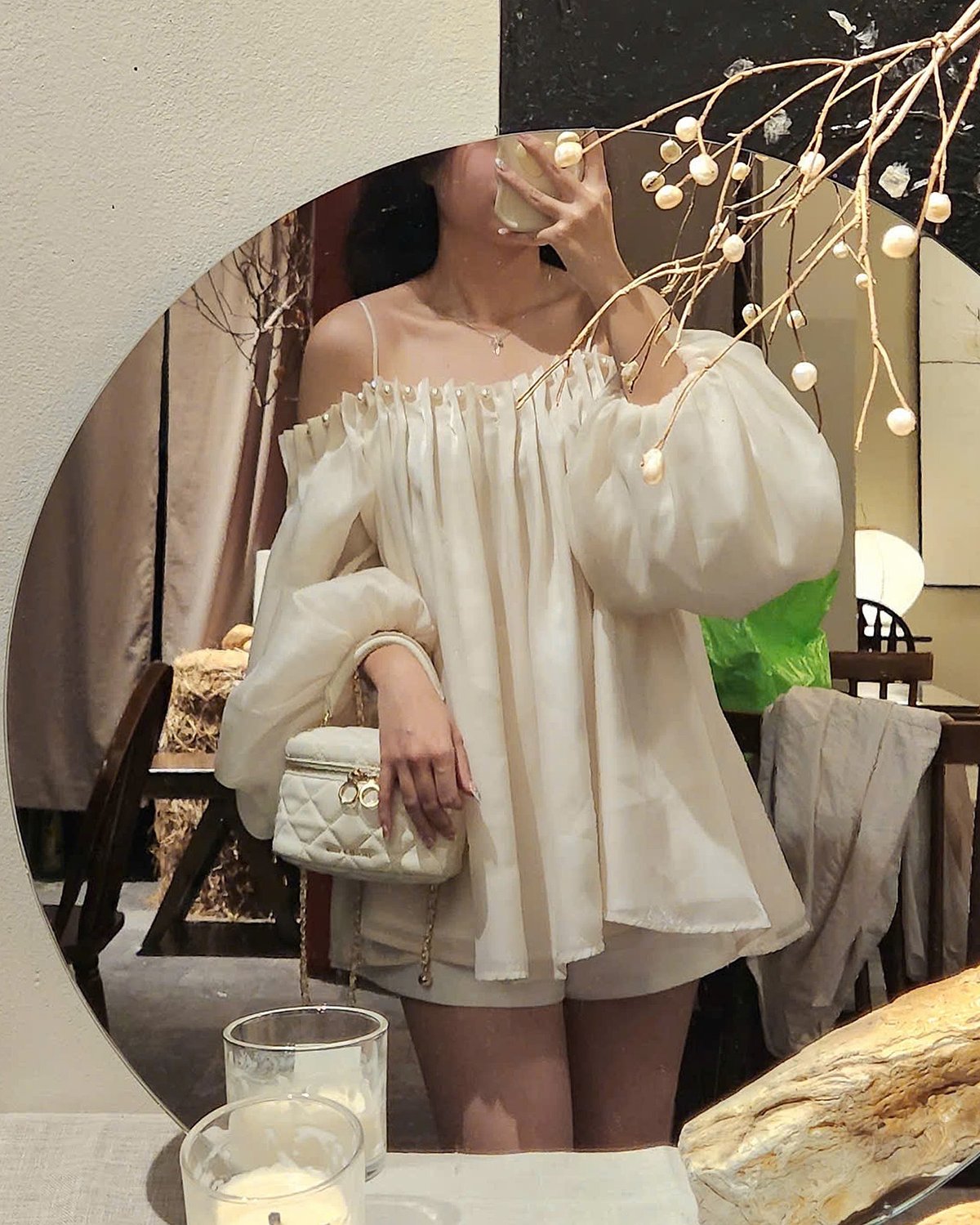 DARLING.ISM Kaia Pearl Embellished Silk Off-shoulder Blouse 女裝襯衫