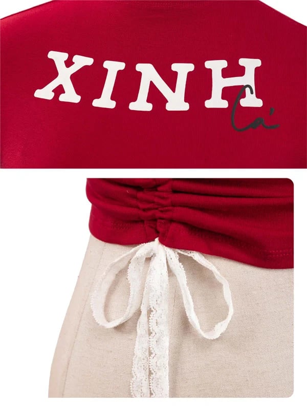 DKMV XINH Cá Baby Tee Graphic Print Cropped T-Shirt with Drawstring