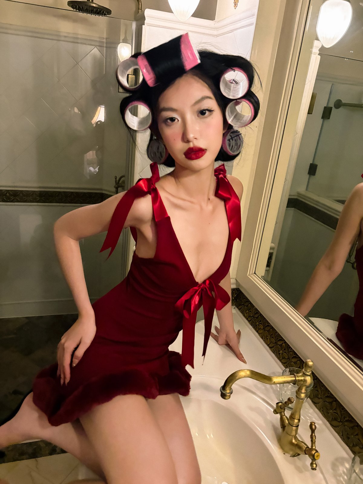 DUUSTU RED BLOOM Velvet Mini Dress with Faux Fur Trim and Ribbon Details