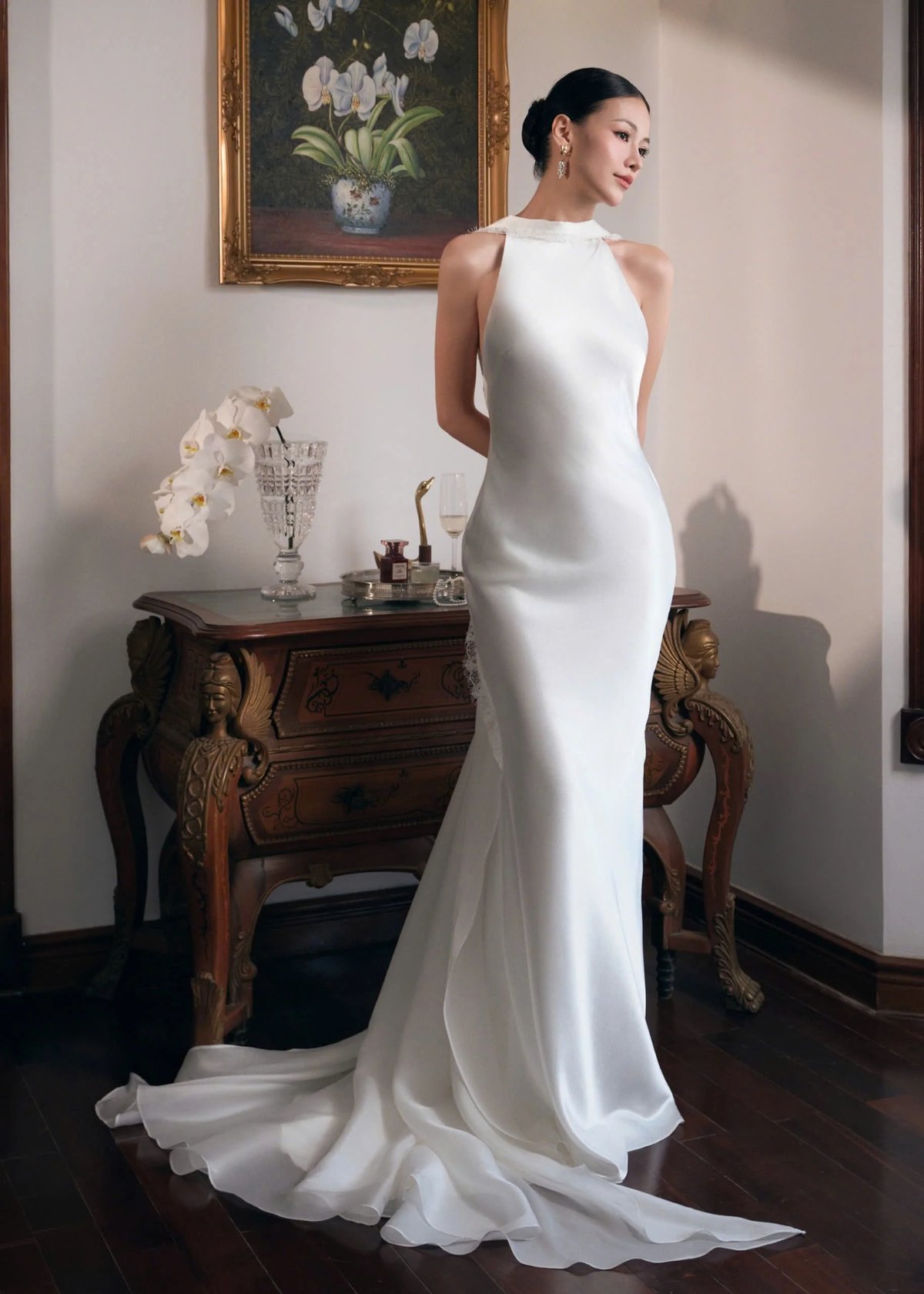 KISSERINE ALTYNSA GOWN - White Silk & Floral Lace Wedding Dress