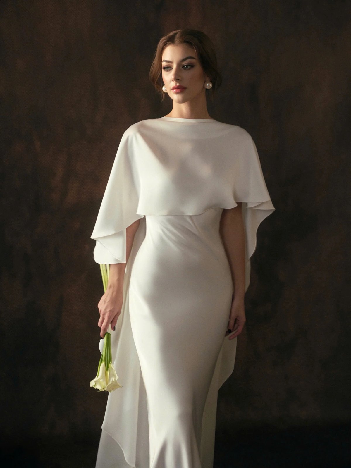 KISSERINE GIULIA DRESS White Satin Gown with Cape