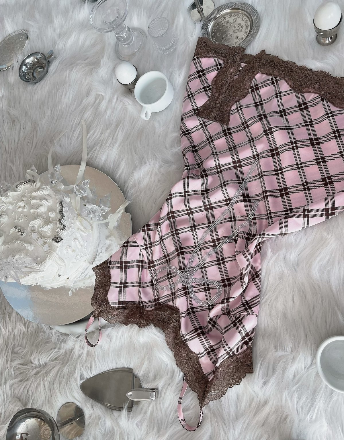 Bandarsaya Regina Checkered Lace Dress Pink x Brown