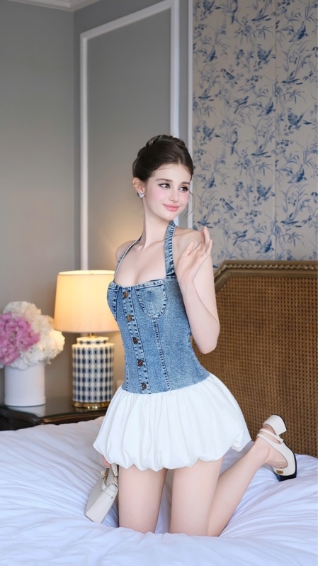 THAOBIBI Denim and Satin Mix Mini Dress