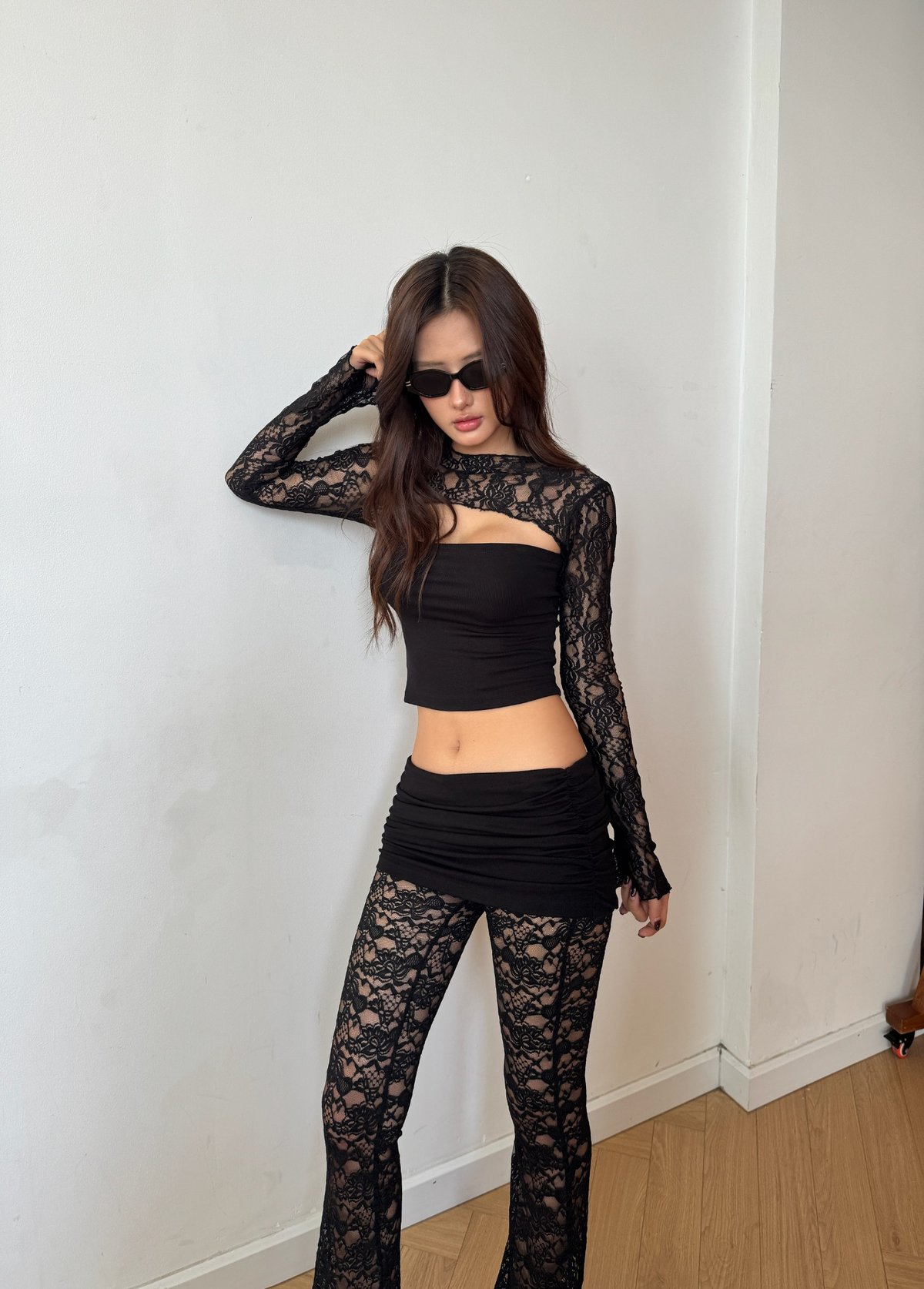 SAMANTHA KILLSYSTEM Lace Flare Pants and Low-Rise Mini Skirt Set