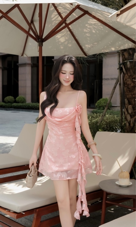 THAOBIBI Floral Embossed Chiffon Spaghetti Strap Mini Dress