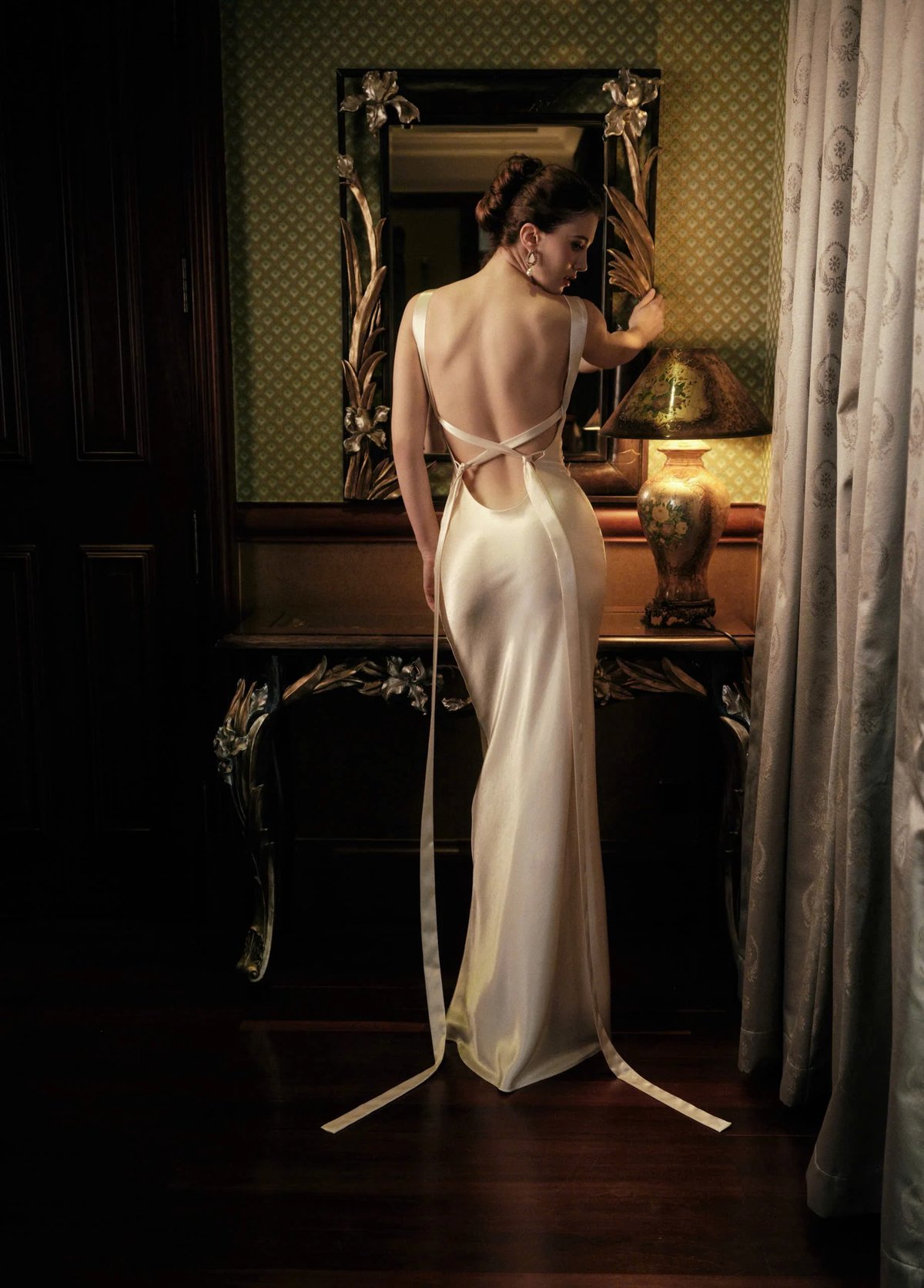 KISSERINE TALIVIA Silk Satin Deep V Neck Open Back Maxi Dress