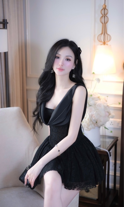 THAOBIBI Lace Drape Neck Mini Dress