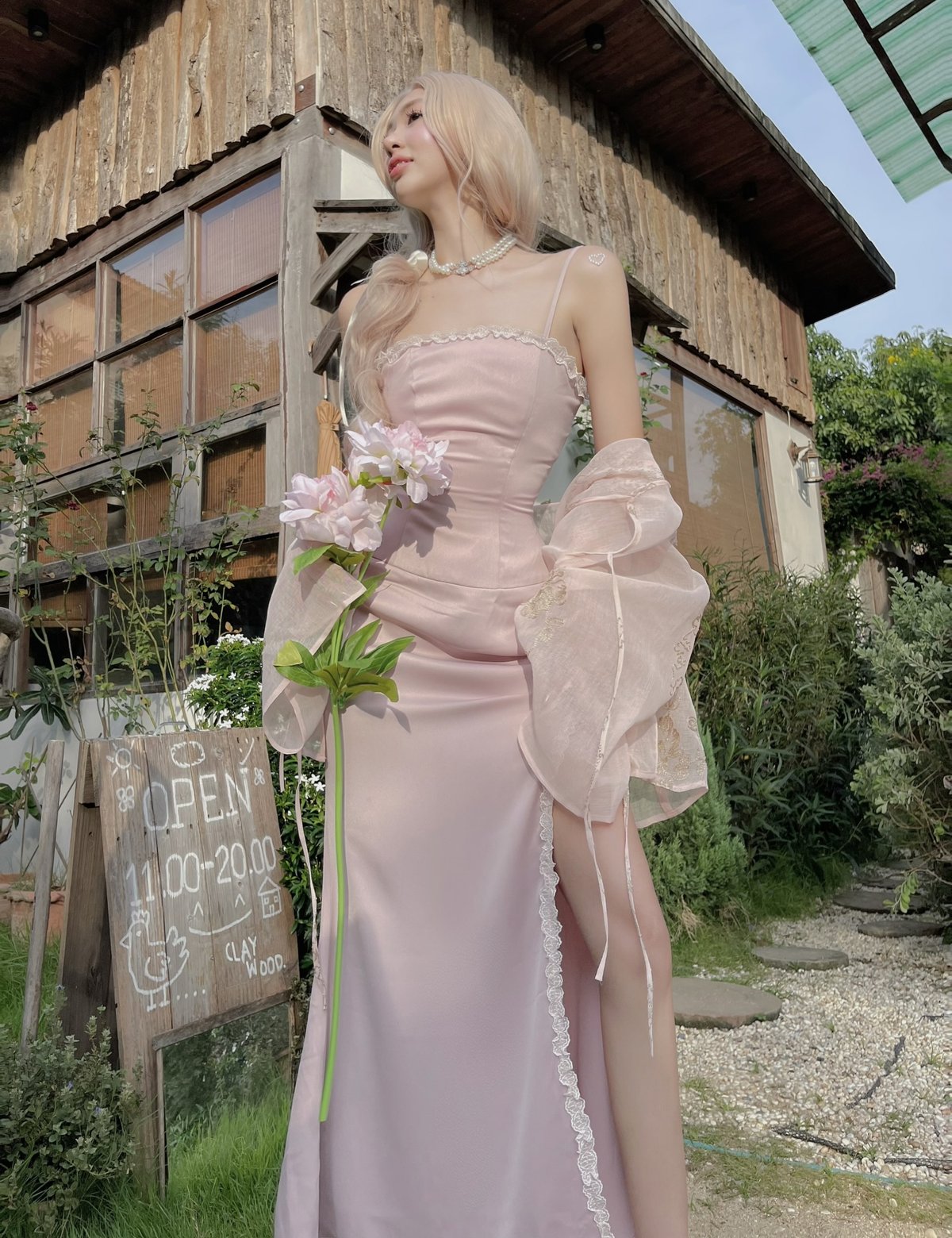 Bandarsaya Lilia Traditional Set - Mauve Pink Mermaid Dress & Peach Embroidered Jacket
