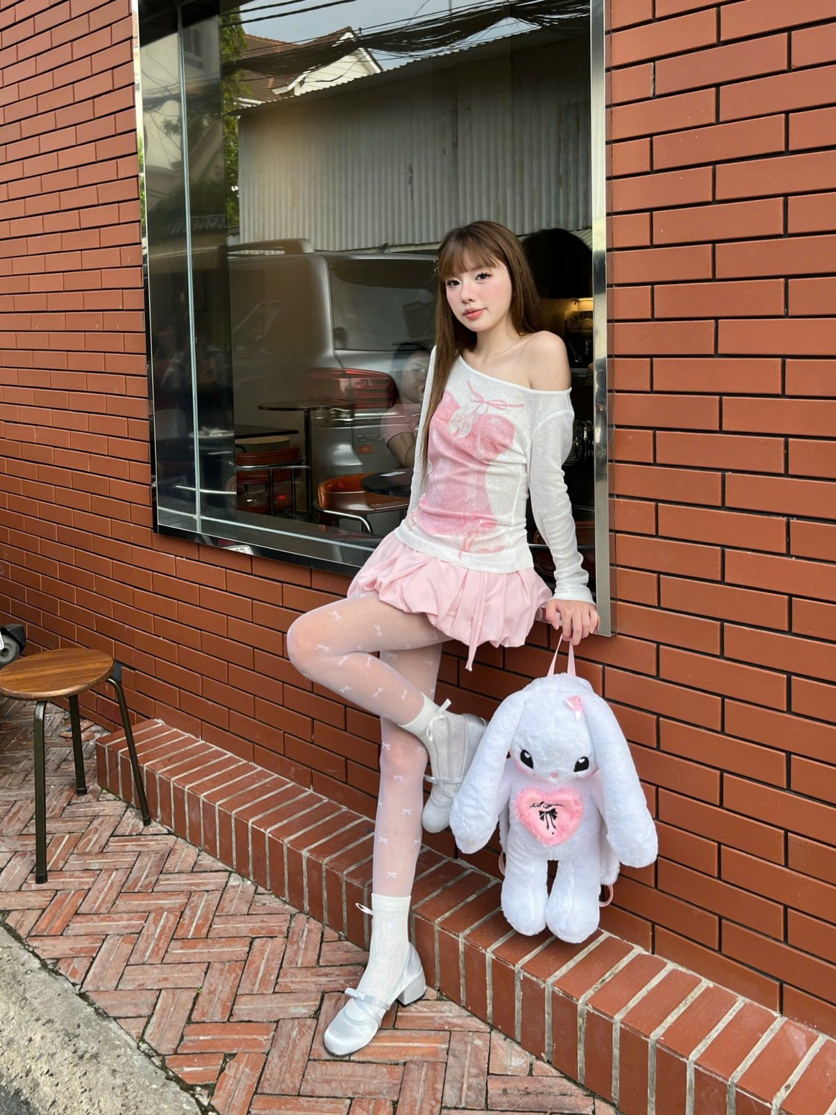 KILL SYSTEM Jennie Babe White Bunny Plush Backpack with Pink Heart Detail